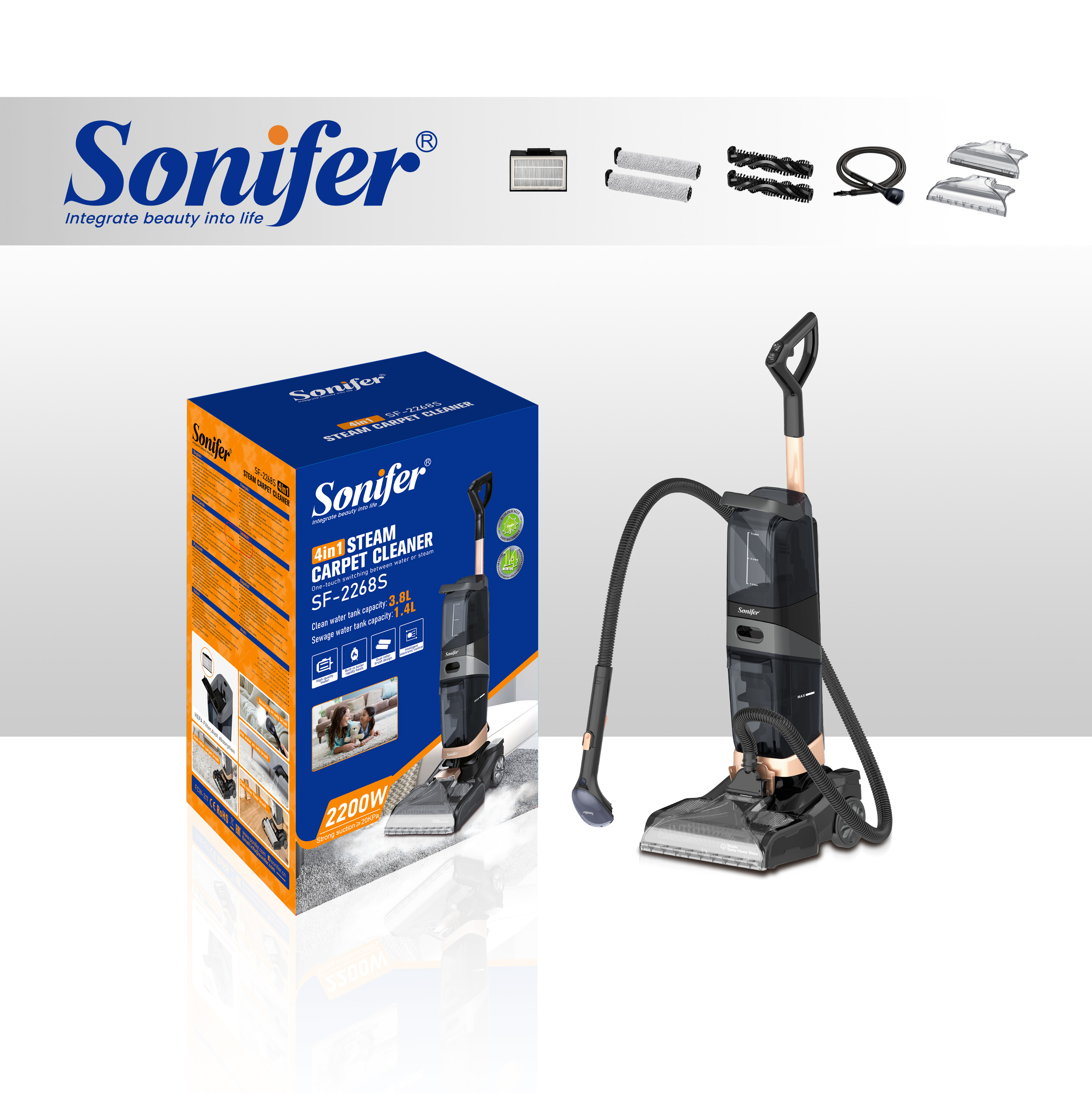 Sonifer SF-2268 – 4-ü 1-də Yüksək Güclü Elektrikli Buxarlı Xalça və Yumşaq Mebel Yuyan Maşın
